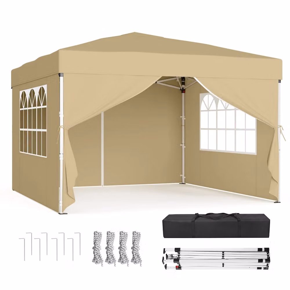 Gazebo Pieghevole Portatile per Giardino e Cortile, Beige / 3 x 3 m con 4 Pareti Laterali
