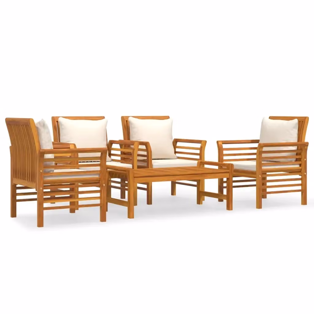 vidaXL Set Salotto da Giardino 5 pz in Legno di Acacia con Cuscini Marroni e Bianchi – 2