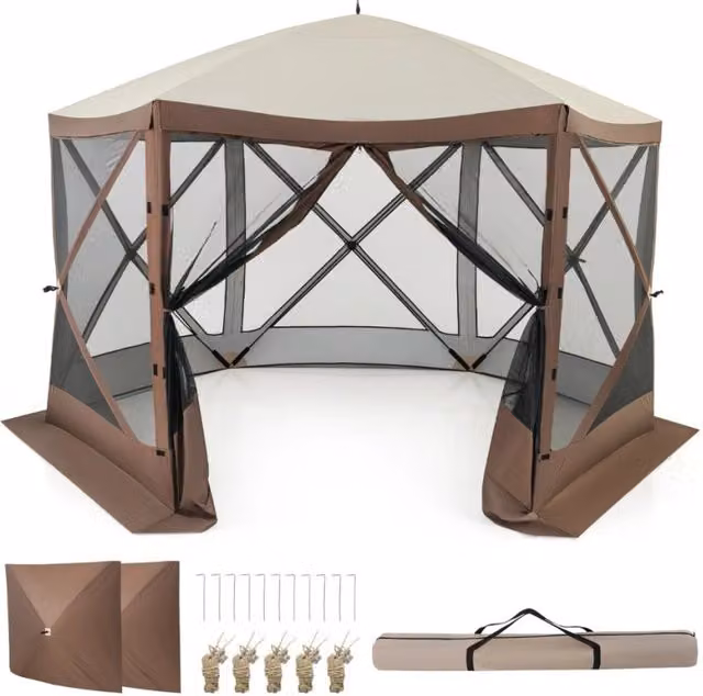 Tenda gazebo da esterno per campeggio e pareti in rete, Tenda hub a 6 lati con montaggio istantaneo Caff¨¨