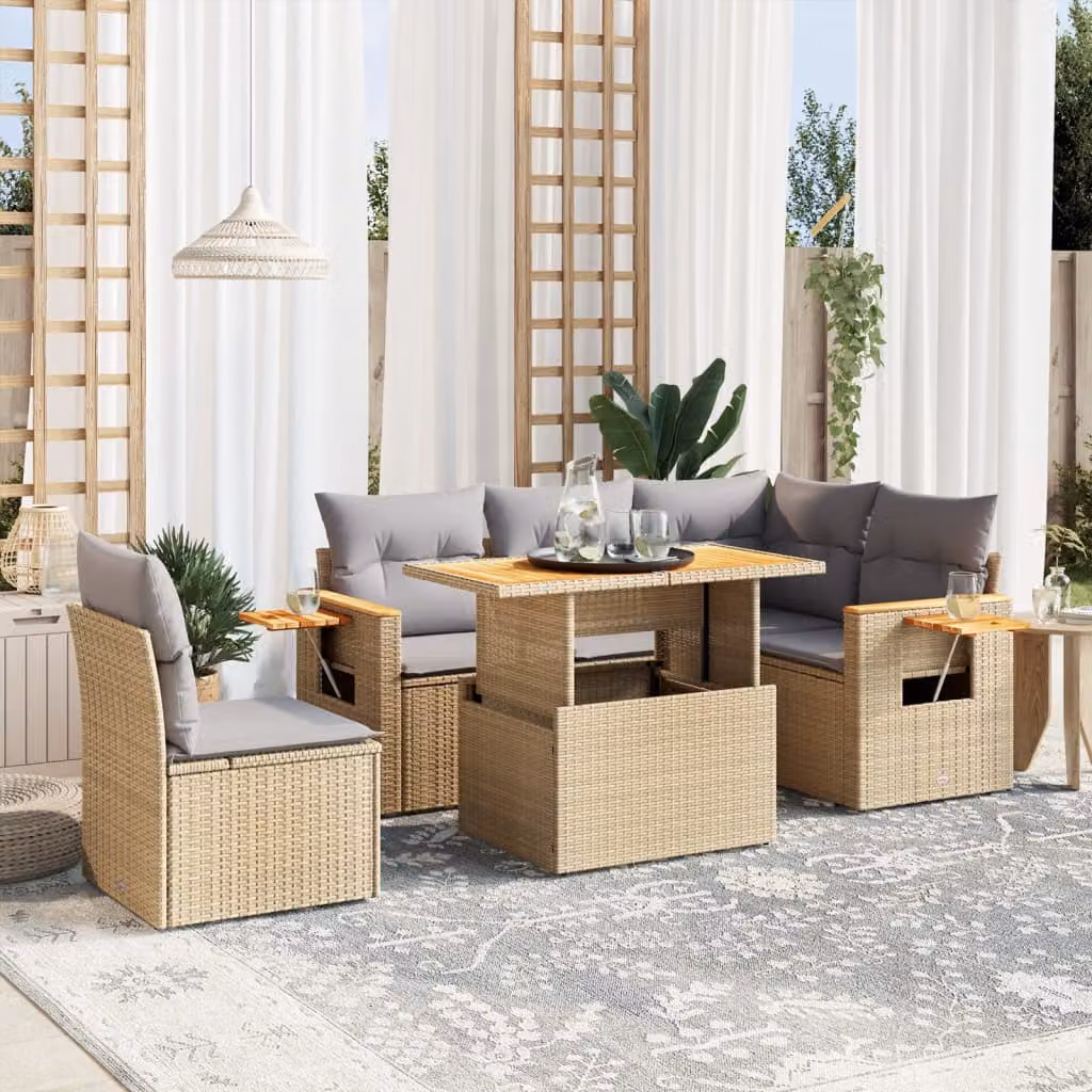 vidaXL Set Divano da Giardino 6 pz a L con Cuscini Beige in Polyrattan e Tavolino da Esterno – 1