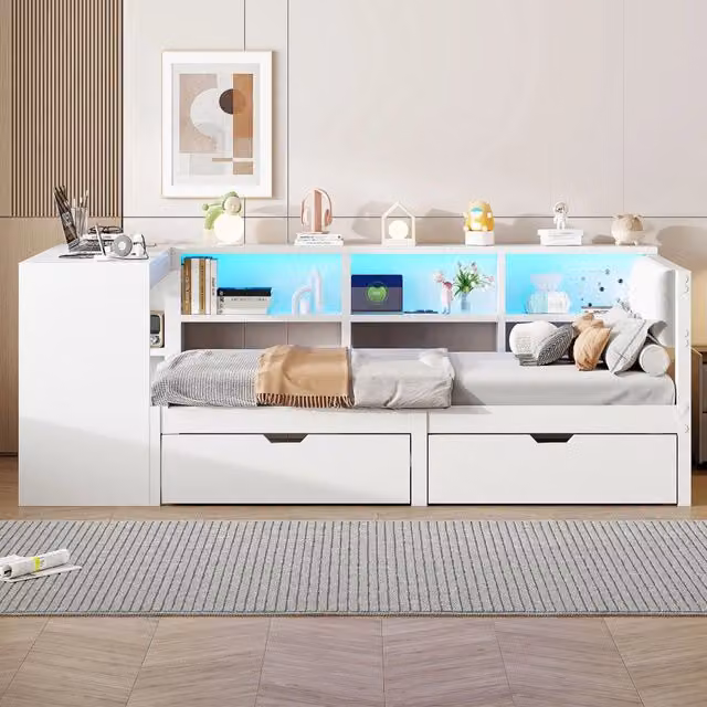 Letto a piattaforma in legno 90x200 - Zephmum - con cassetti, mensole, stazione di ricarica, testiera imbottita e luci LED colorate