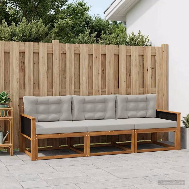 vidaXL Set di divani da esterno 3 pezzi in legno di acacia con cuscini, Marrone e Grigio