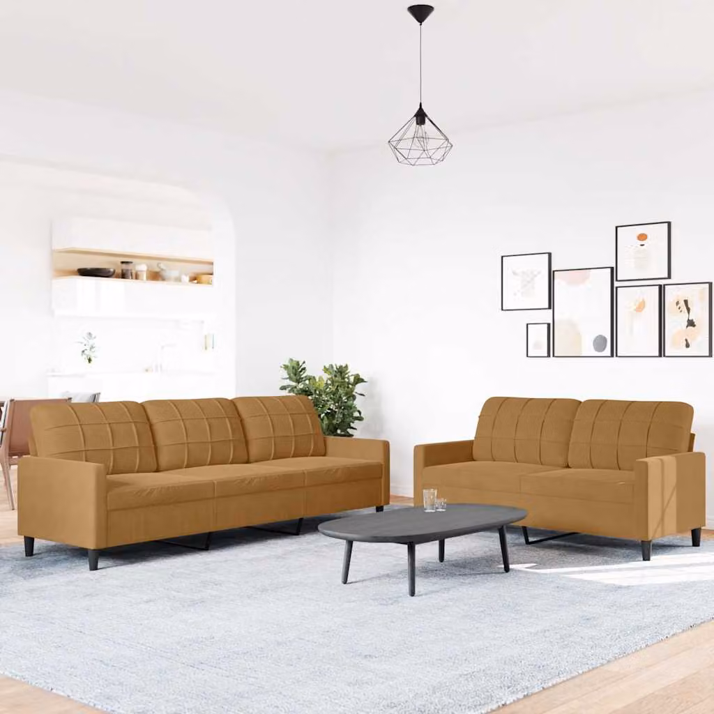 Set di 2 divani moderni vidaXL in velluto marrone con cuscini e struttura in metallo – 1