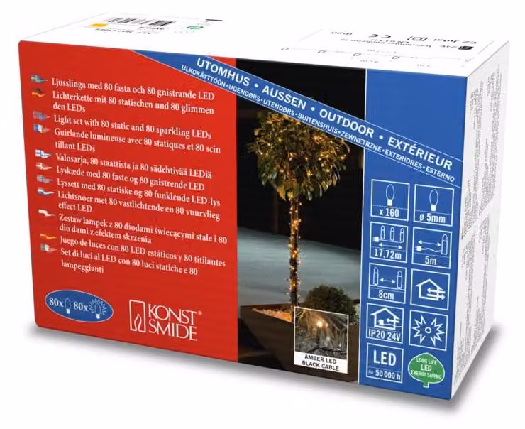 Catena luminosa a LED, 160 diodi di colore ambra, 24 V, cavo di alimentazione di 5 metri, colore bianco