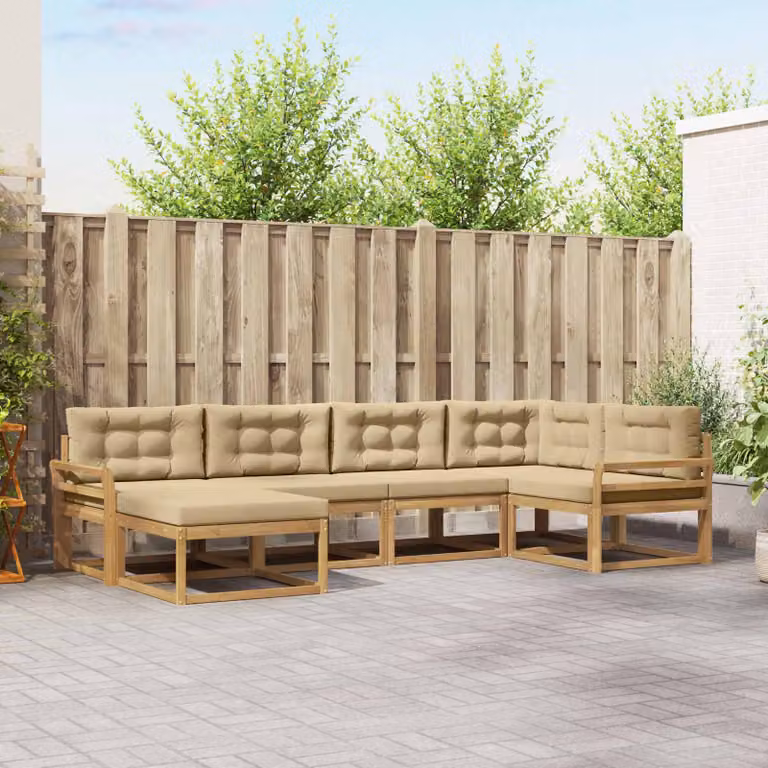 Set di divani da esterno vidaXL a forma di L con pouf, colore bianco e beige, in legno di acacia e poliestere resistente ai raggi UV