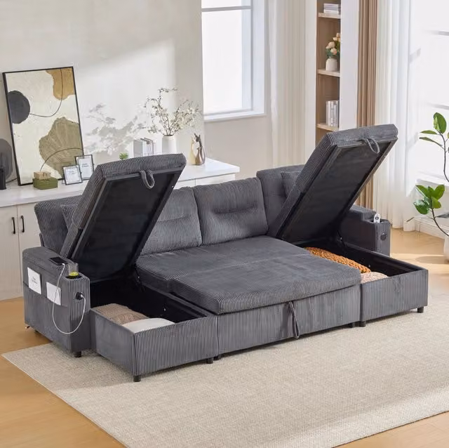 Divano 4 posti con doppia chaise longue e contenitore in velluto a coste grigio carbone HAVRYA
