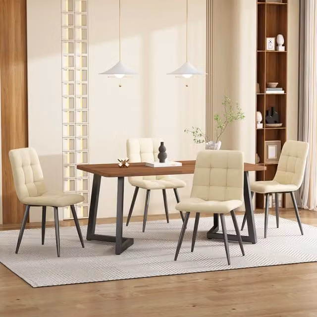 Tavolo da pranzo con 4 sedie in mdf effetto noce, sedute in velluto e gambe in metallo nero, 117 × 68 × 75 cm