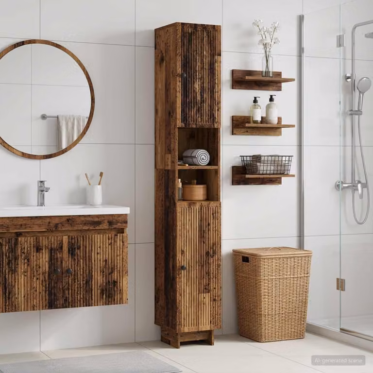 Armadio da bagno vidaXL moderno in legno e metallo marrone con ripiani interni e scaffale aperto