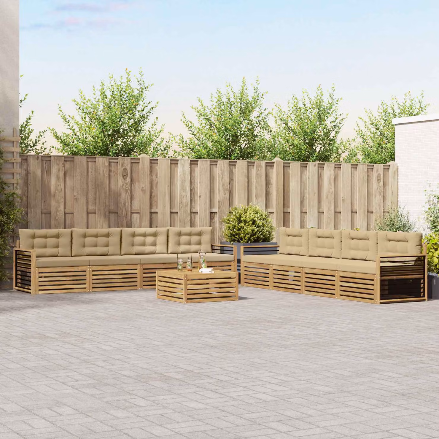 Set di divani da esterno vidaXL a forma di U composto da 9 pezzi con tavolino da caffè, in legno di acacia e poliestere bianco e beige