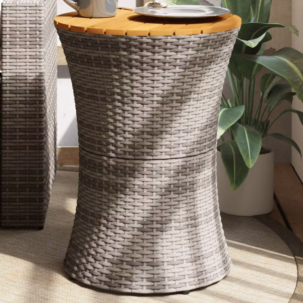 Tavolino da giardino vidaXL a forma di tamburo in polyrattan grigio e legno di acacia oliato, diametro: 56 cm, altezza: 38 cm