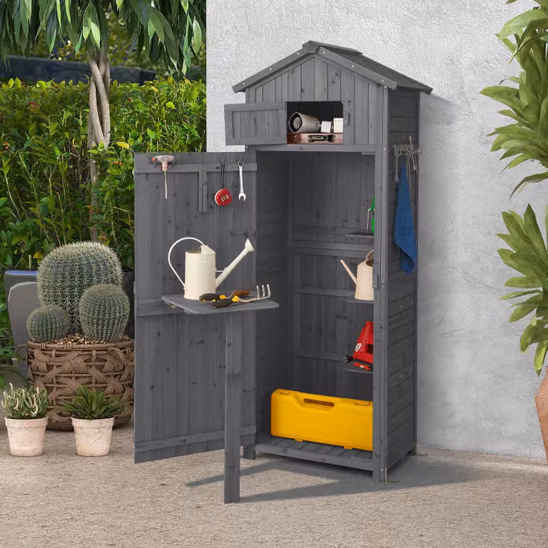 COSTWAY Capanno da giardino in legno, capanno per attrezzi resistente alle intemperie, capanno per attrezzi con tavolo pieghevole, porta e 8 ganci, capanno in legno con tetto spiovente, capanno per attrezzi grigio