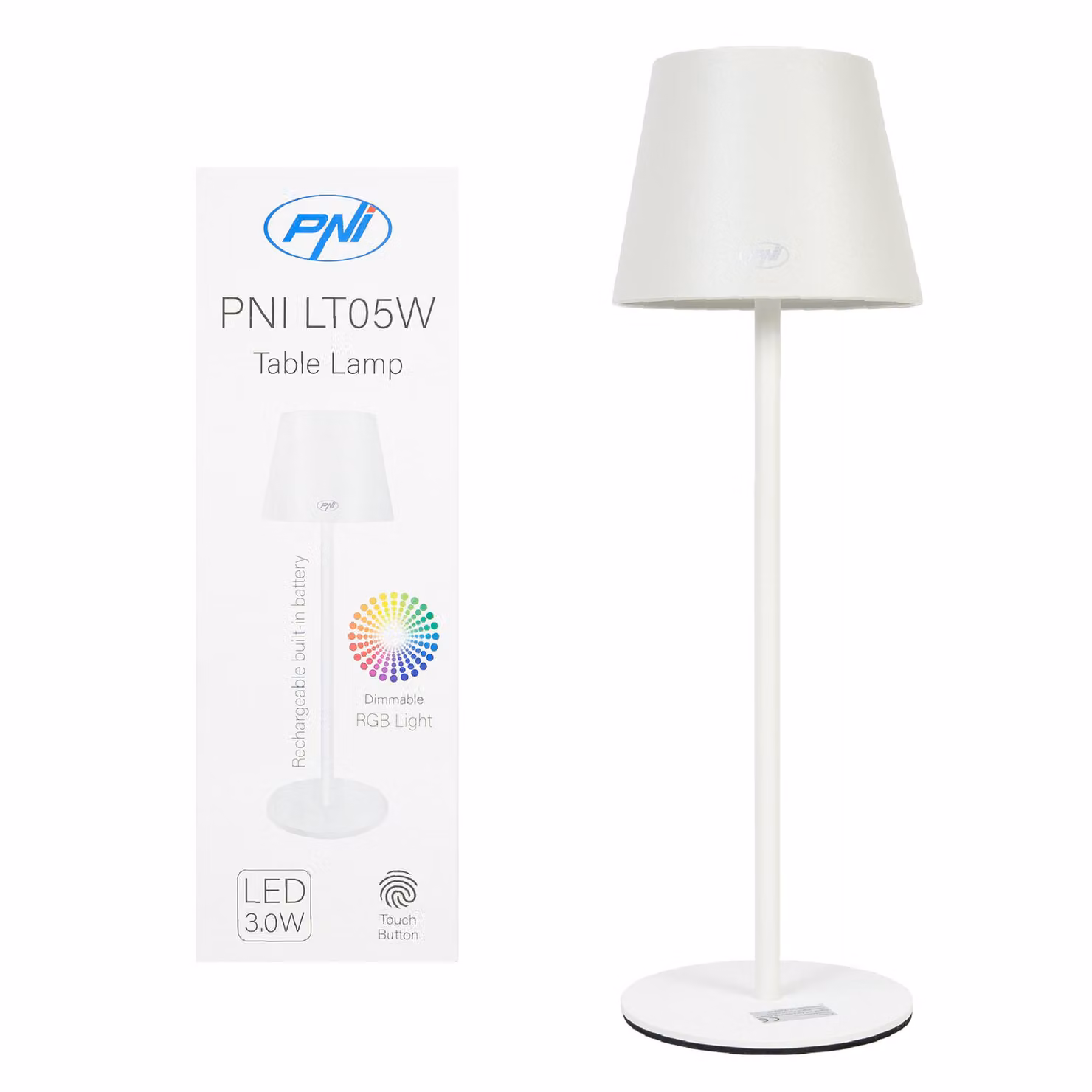 Lampada da tavolo RGB PNI LTW05, da 3W, con batteria integrata, ricaricabile tramite USB, colore bianco