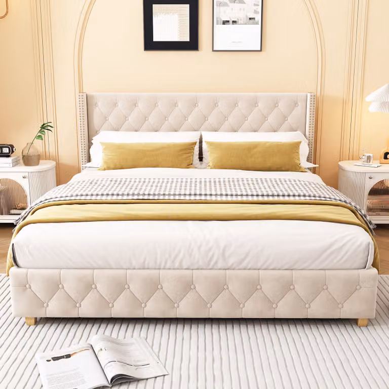 Letto imbottito Flieks 180x200cm letto giovanile con rete a doghe, letto matrimoniale letti classici letto per bambini letto in legno massiccio, velluto, beige chiaro
