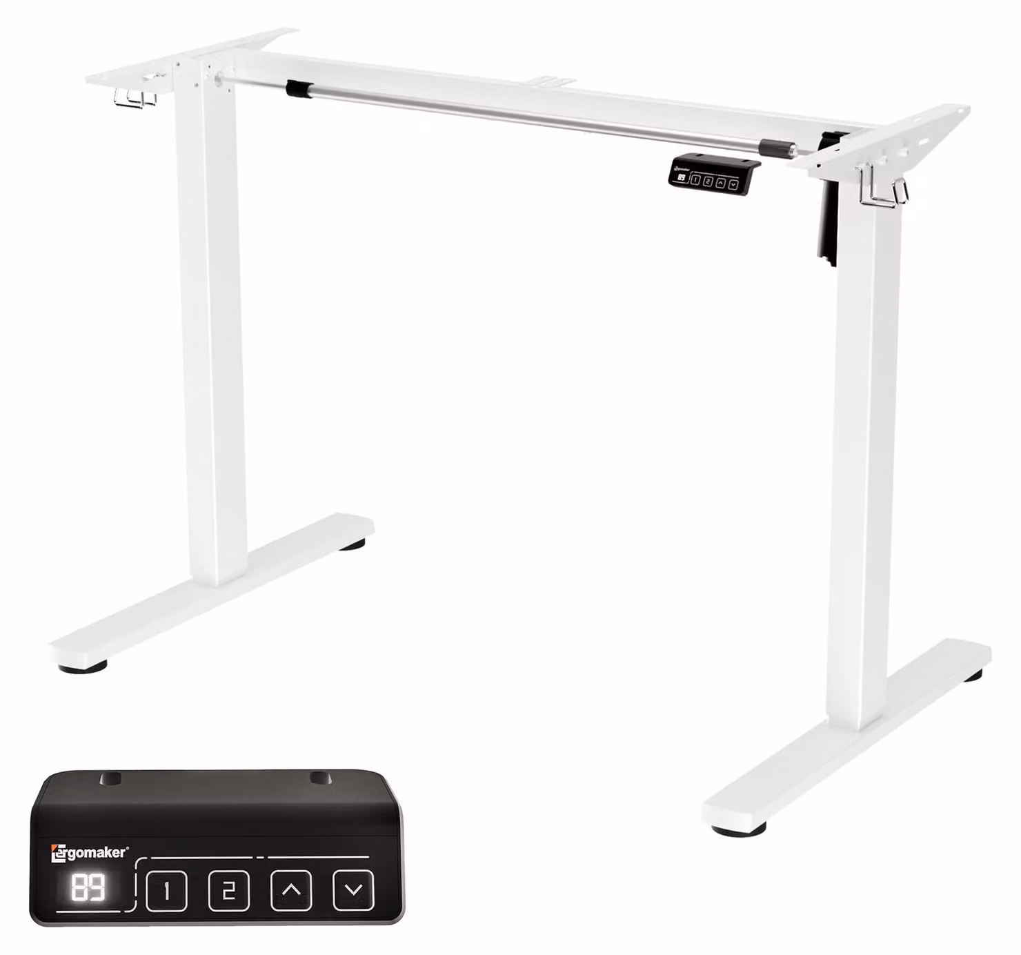 Struttura regolabile elettricamente per scrivania in piedi, colore bianco, altezza regolabile da 73 a 118 cm, larghezza da 95 a 135 cm