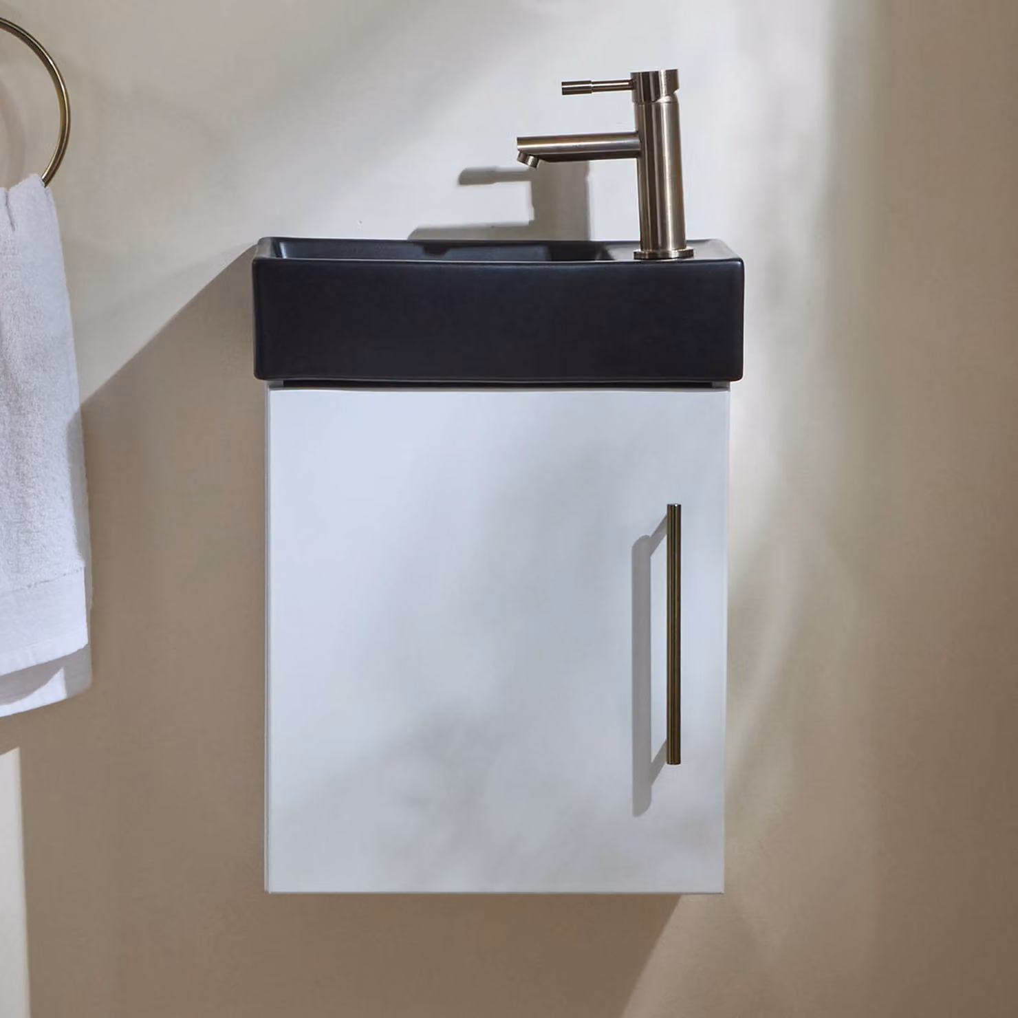 Mobile Bagno Bianco Sospeso da 400mm con Lavabo Nero e Maniglia con Barra a T in Ottone Spazzolato - Cluo
