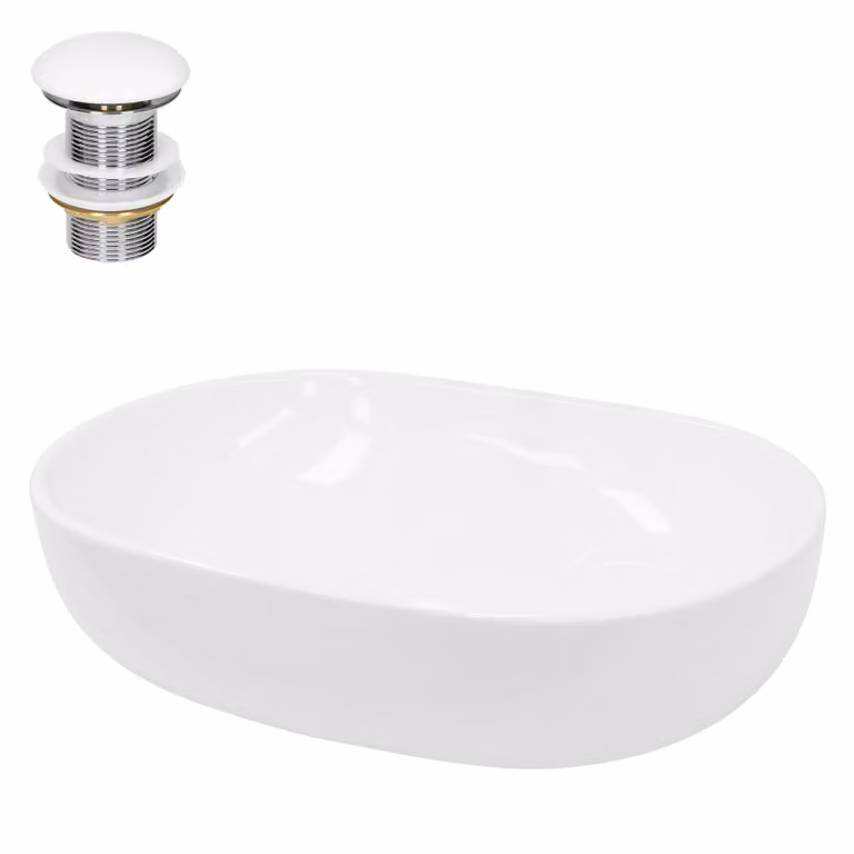 Lavabo LuxeBath Lavabo da appoggio ovale, 60x42x14,5 cm, bianco, in Vetroceramica, incl. set di scarico senza troppopieno