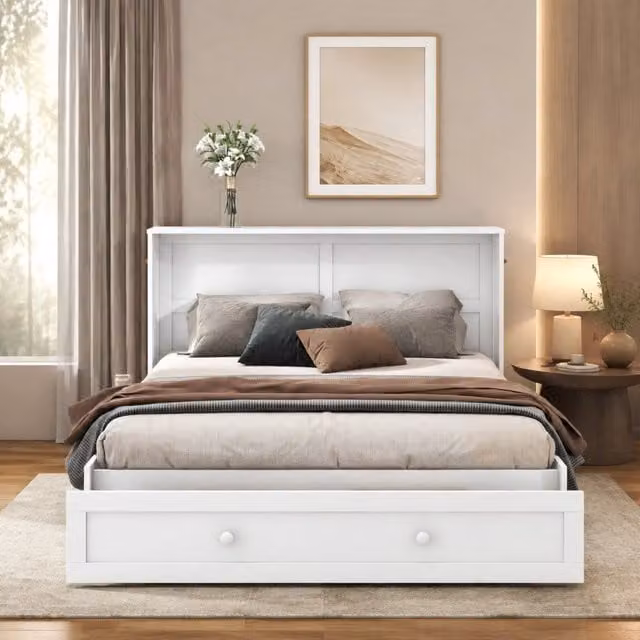 Desviae Letto matrimoniale trasformabile 140 × 200 cm con cassetto e ripiani laterali in legno bianco a piattaforma