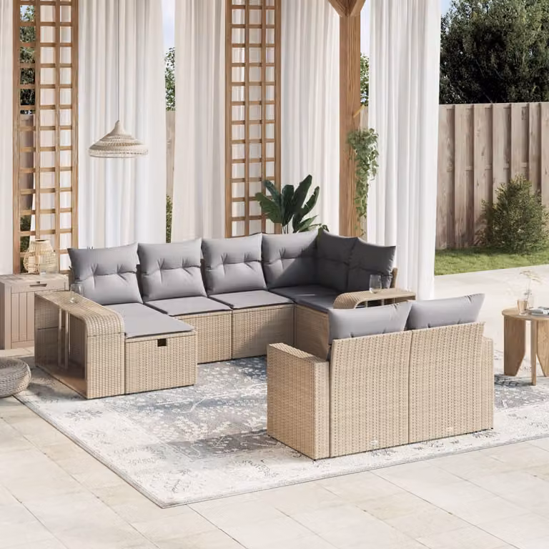 Set Divano da Giardino vidaXL 10 pz in Polyrattan Beige con Cuscini e Struttura in Acciaio