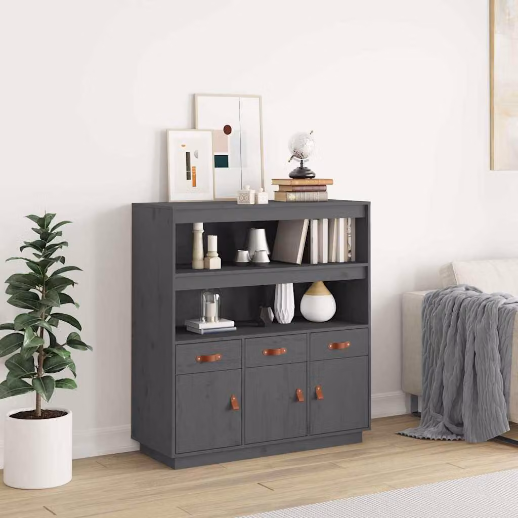 vidaXL Credenza in Legno Massello di Pino Grigio, L 100 x P 40 x H 108,5 cm – 1