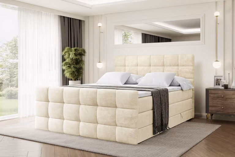 Letto boxspring ALTDECOR con materasso e rete a doghe - BRUGO -Z KING - 180x200 cm - Beige Monolith - Topper, pediera, letto imbottito con contenitore, letto con vano portaoggetti H3 e H4 - Materasso, letto matrimoniale, letto boxspring