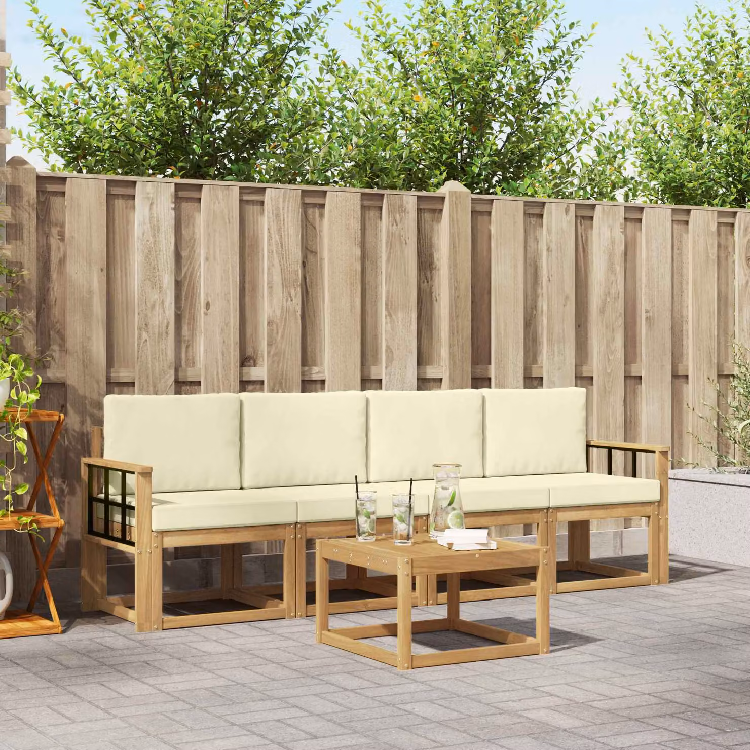 Set di divani da esterno vidaXL in legno di acacia con cuscini, colore bianco e beige