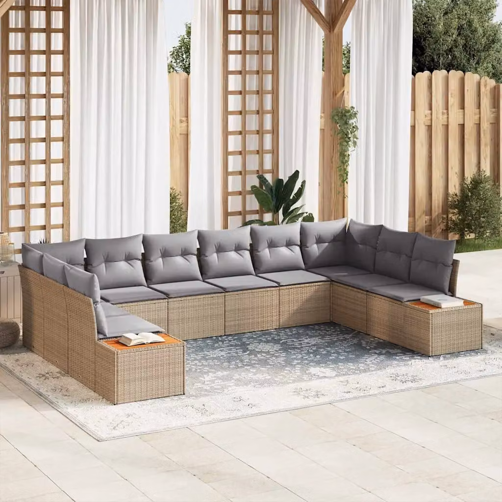 Set Divano da Giardino vidaXL 10 Pezzi in Poly Rattan Beige con Cuscini e Struttura in Acciaio Verniciato a Polvere – 1