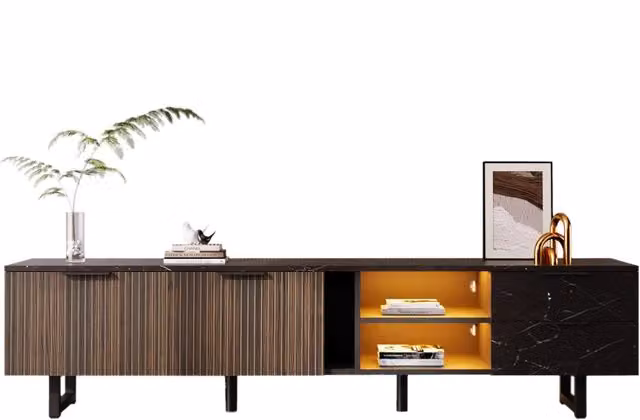 Mobile TV moderno Chicfurn con illuminazione LED integrata, 2 ante, 2 cassetti e 2 vani, in MDF, Nero, L: 200 cm, P: 38 cm, H: 50 cm – 1