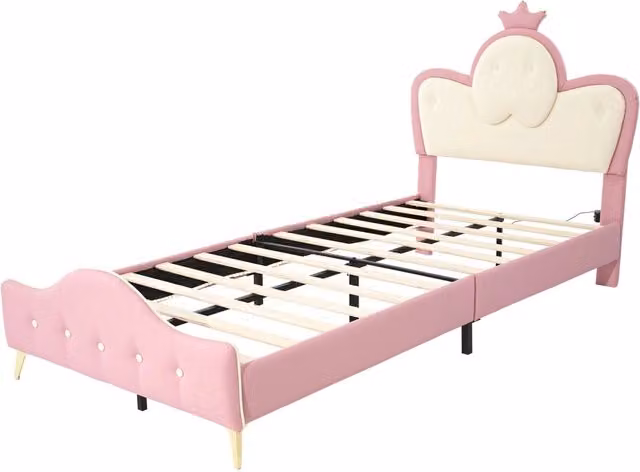 Letto singolo imbottito per bambini con bordo protettivo, striscia LED monocromatica, testiera con corona, piedi in metallo, 90x200 cm, rosa e bianco