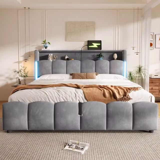 Letto imbottito 180x200 cm con luci LED; contenitore idraulico e porte USB; velluto grigio