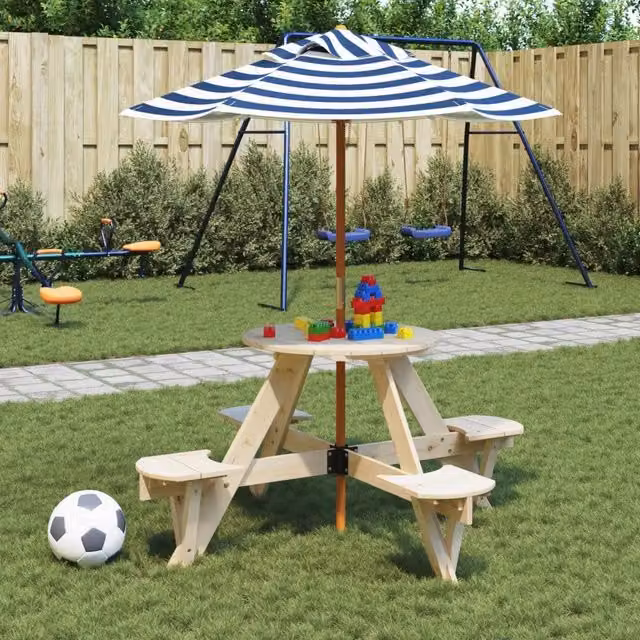 Tavolo da picnic per 4 bambini vidaXL in legno di abete con ombrellone rotondo blu e bianco L/P/H: 120 x 140 x 55 cm – 1