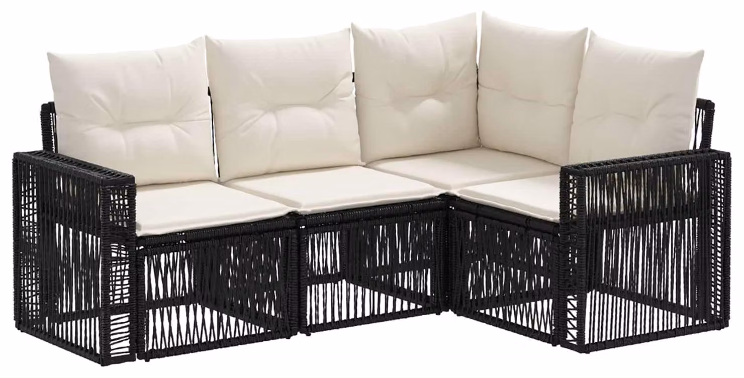 Set di divani da giardino, 4 pezzi, colore nero e crema, in rattan sintetico
