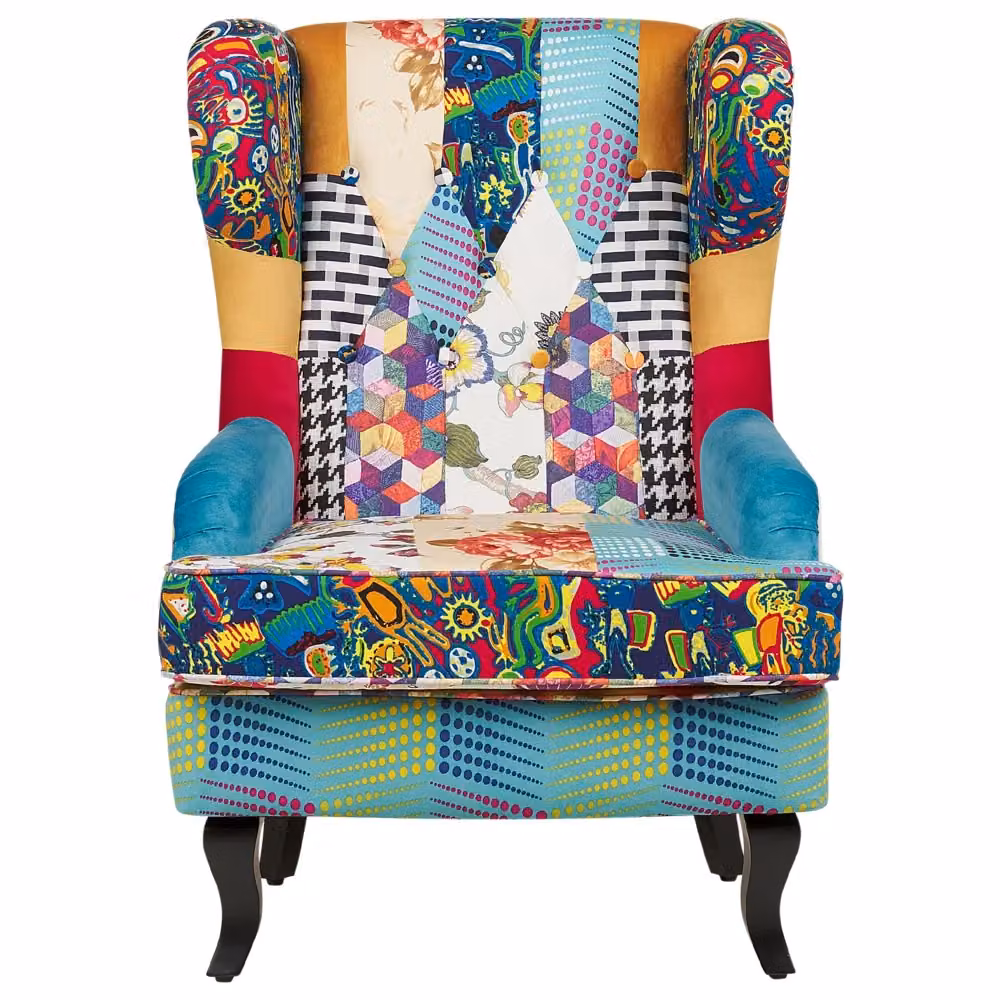 Poltrona Wingback BELIANI in tessuto patchwork multicolore con base blu, design boho e gambe in legno di betulla oliato, L: 100 cm, P: 70 cm, H: 80 cm – 2