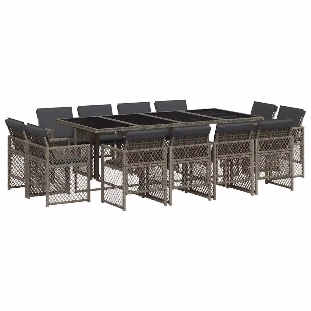 Set da pranzo da giardino vidaXL in polyrattan con cuscini e tavolo in vetro, 13 pezzi, grigio e nero – 2