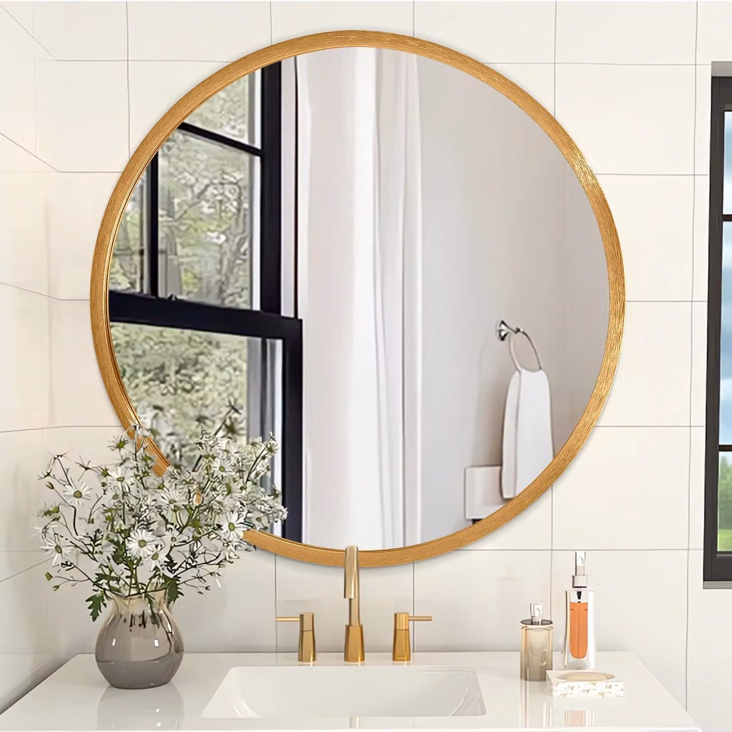 Specchio da parete rotondo, diametro 30 cm, color oro, ideale per il bagno, specchio da trucco