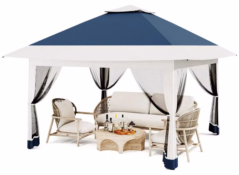 Gazebo da giardino 4 x 4 metri - Tenda pieghevole per feste - Montaggio rapido con un solo pulsante - Tetto impermeabile - Altezza regolabile - Zanzariera e pareti laterali in rete - Blu scuro