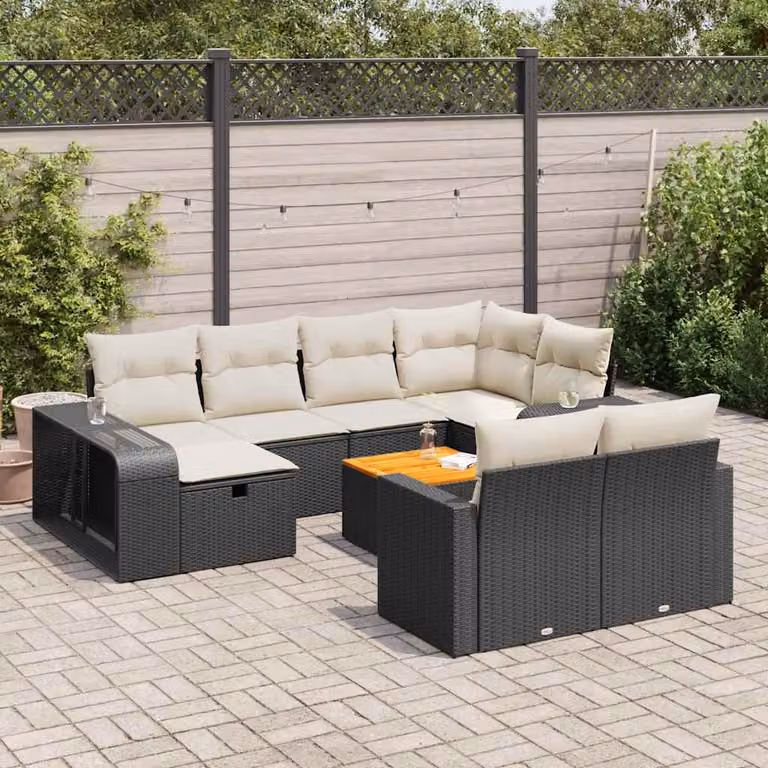 Set Divani da Giardino vidaXL 11 pz a Forma a U con Cuscini, Tavolino e Ottoman, Colore Nero e Bianco