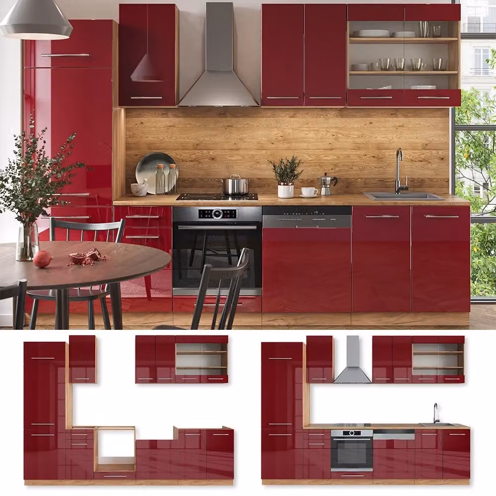 Cucina componibile moderna Fame-Line Vicco in Bordeaux lucido e Rovere dorato, L: 300 cm – 2