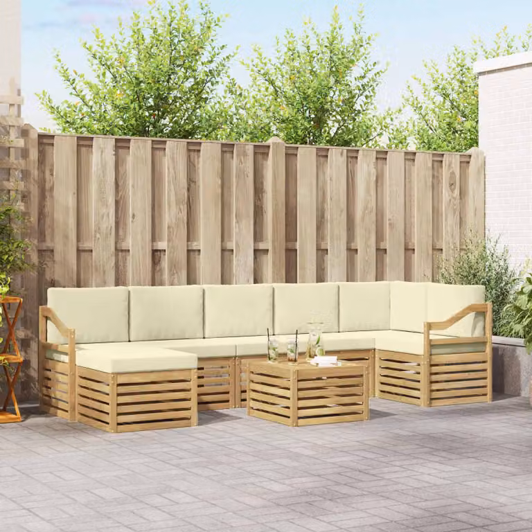 vidaXL Set di divani da esterno a L composto da 8 pezzi con tavolino e pouf, struttura in legno di acacia e cuscini in poliestere bianco e beige