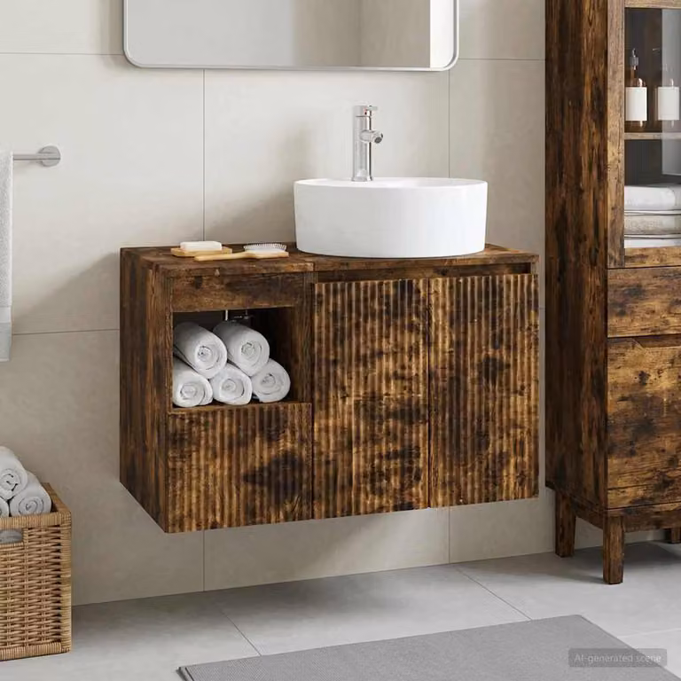 Set di mobili per il bagno vidaXL composto da mobile lavabo e pensile in legno Rovere Fumo, design moderno a parete