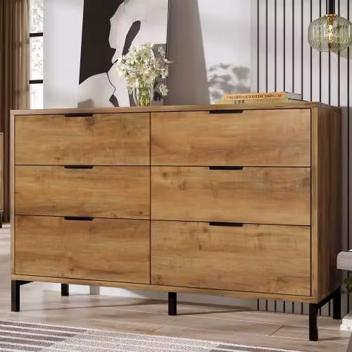 AIORBER Comò Sideboard 120x40x76 cm con 6 cassetti, design industriale con struttura in metallo, piedini regolabili, rovere scuro