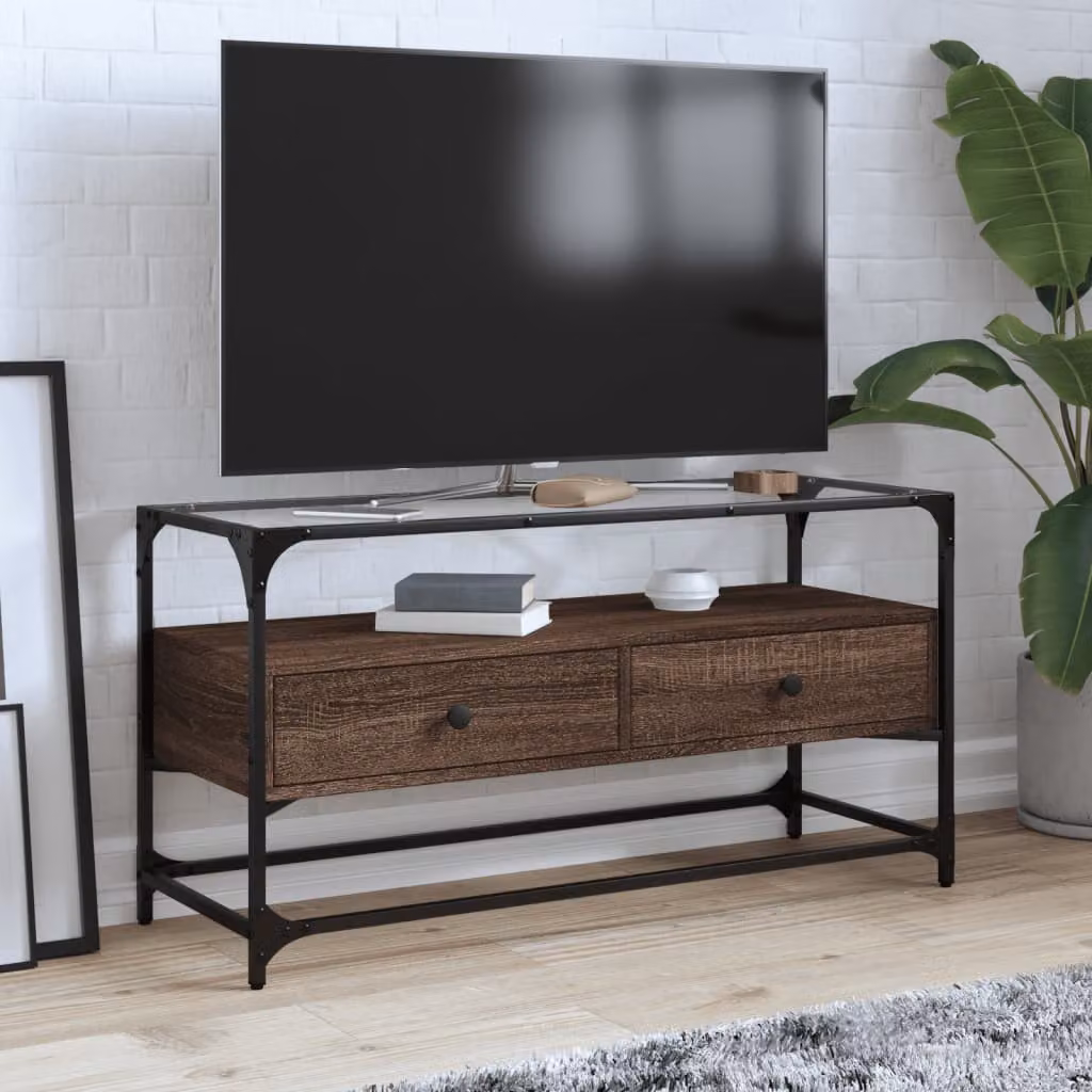 Mobile TV vidaXL in legno e vetro, colore rovere marrone, L 98 cm x P 35 cm x H 51 cm