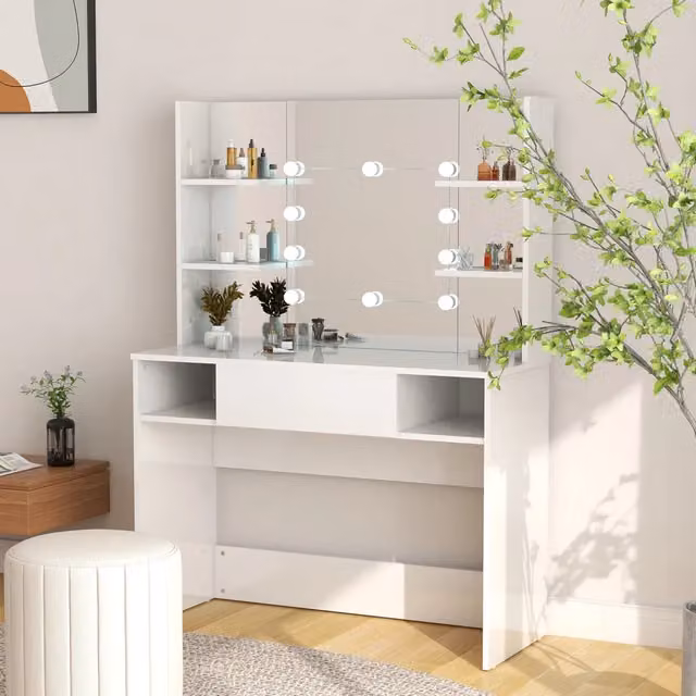 Toeletta Hollywood con Luci LED vidaXL in MDF Bianco Lucido L/P/H: 100 x 40 x 135 cm