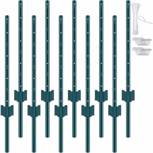 Set di 10 pali per recinzione Vevor in acciaio resistente a forma di T, colore verde, Altezza: 91,44 cm