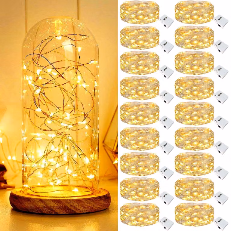 Mini catena luminosa, set da 18 elementi, lunghezza 2 metri, 20 LED, alimentazione a batteria, luce bianco caldo