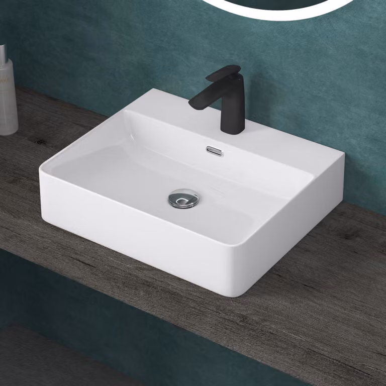 doporro Lavabo da Appoggio Lavandino Sospeso Bagno Rettangolare 50 cm in Vetroceramica Bianco Lucido con Foro per Rubinetto e Troppopieno - Meissen201