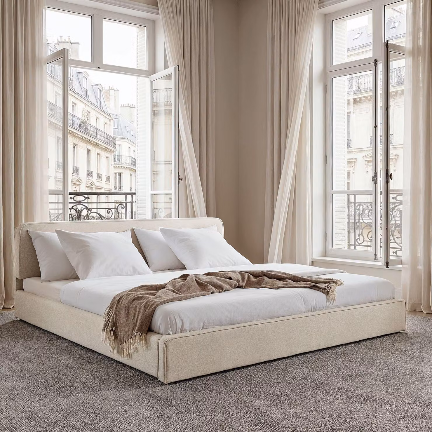 Letto imbottito LATINI con testiera regolabile in altezza, 180x200 cm, bianco panna - letto matrimoniale con rete a doghe, ideale per due persone, rete stabile e confortevole, design moderno per la camera da letto