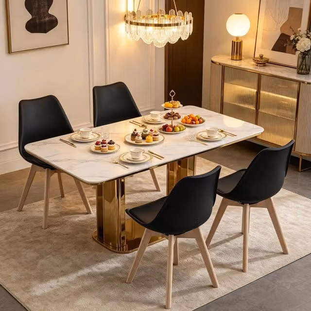 Sedie girevoli da sala da pranzo in pelle sintetica con schienale ergonomico e base in legno nero set di 4