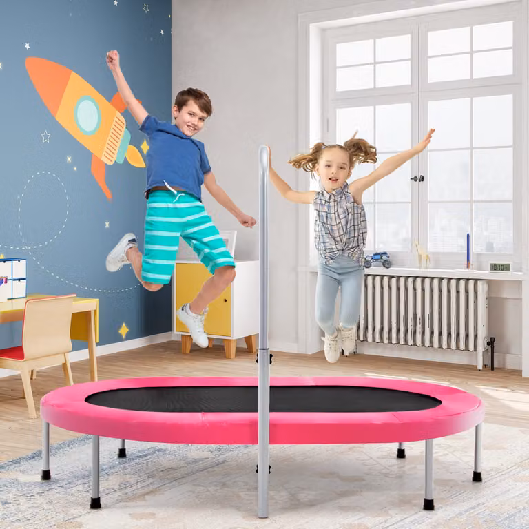 Trampolino doppio ovale Costway per 2 persone con maniglia e cuscinetto, pieghevole, Rosa