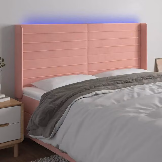 Testiera con LED Design Mania in Velluto Rosa con Porte USB, L: 163 cm, P: 16 cm, H: 118/128 cm