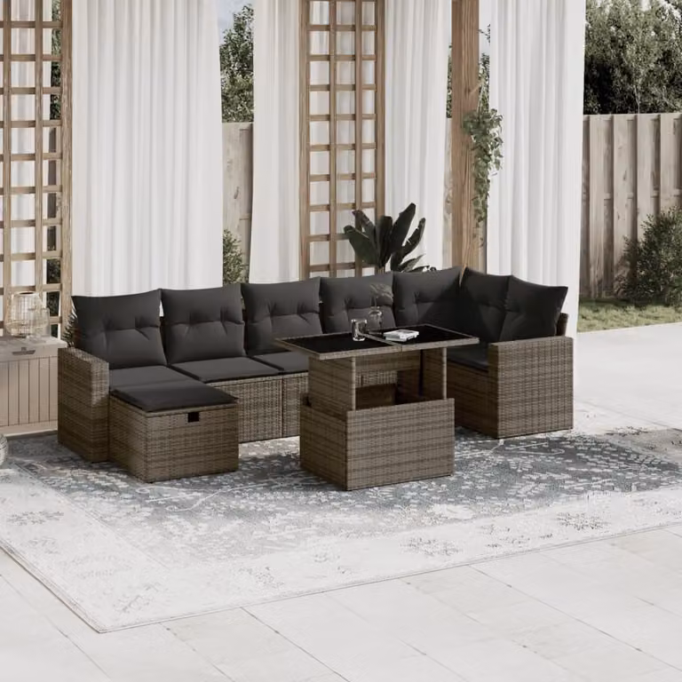 vidaXL Set Divano da Giardino 8 pz a Forma di L in Polyrattan Grigio con Cuscini e Tavolino
